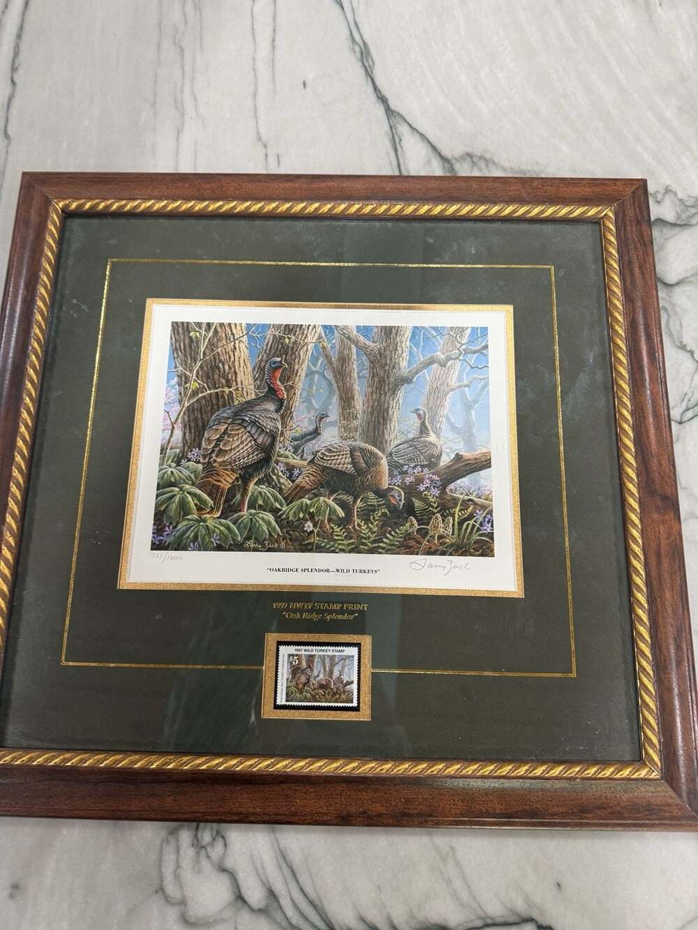 Larry Zach 1997 NWTF Stamp Print Oak Ridge Splendor Wild Turkeys Framed